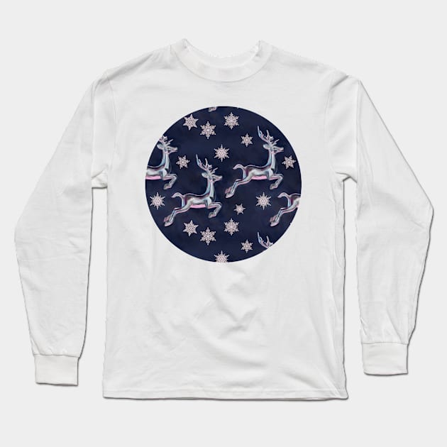 Silver Snowflakes & Happy Reindeer in Navy Blue & Pink Long Sleeve T-Shirt by micklyn